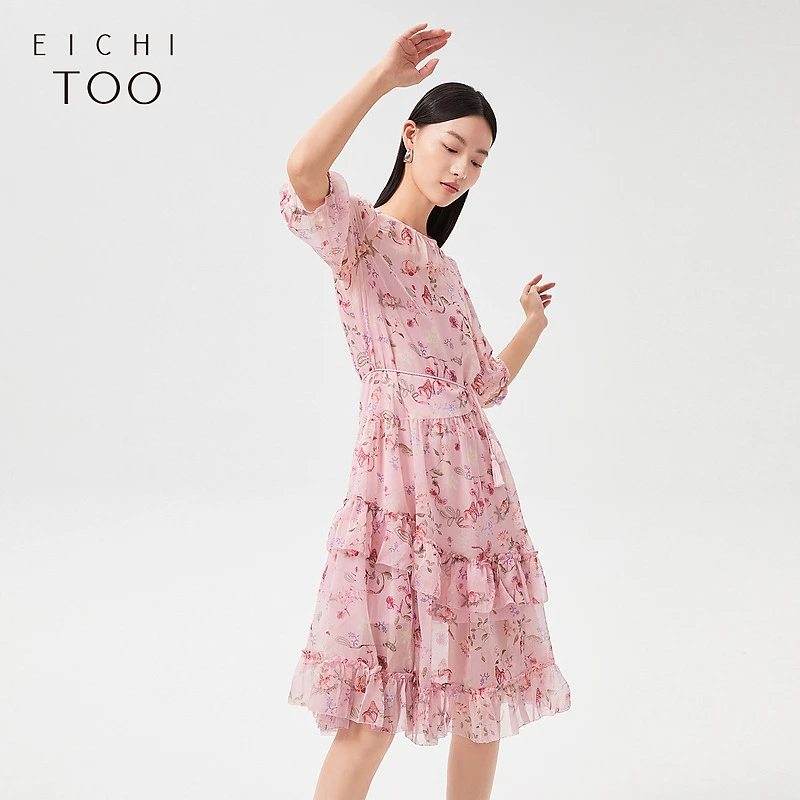 A爱居兔夏季女装淑女风不规则荷叶边下摆中袖连衣裙EQLEJ2L001A