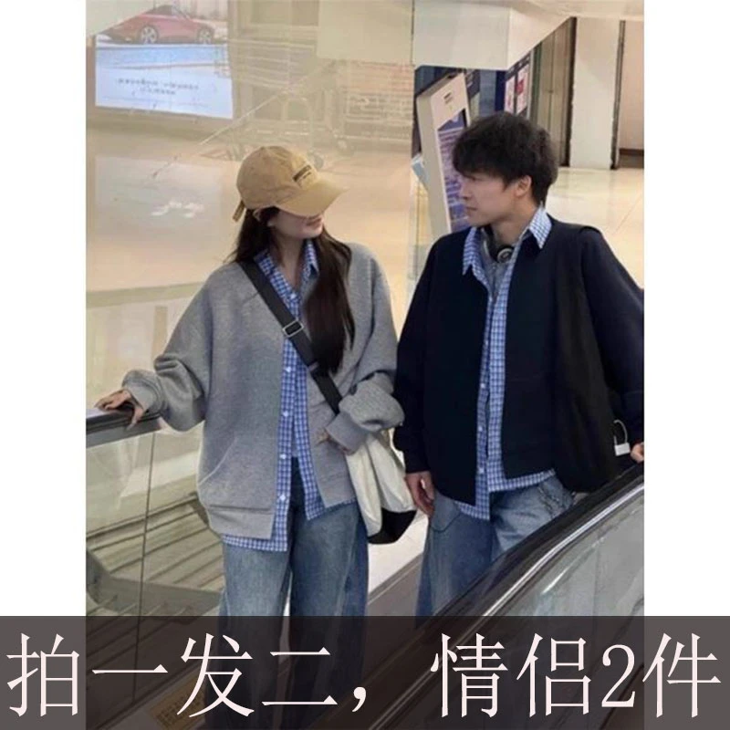 美式潮牌情侣装假两件开衫卫衣春秋季2025新款格子拼接慵懒风外套