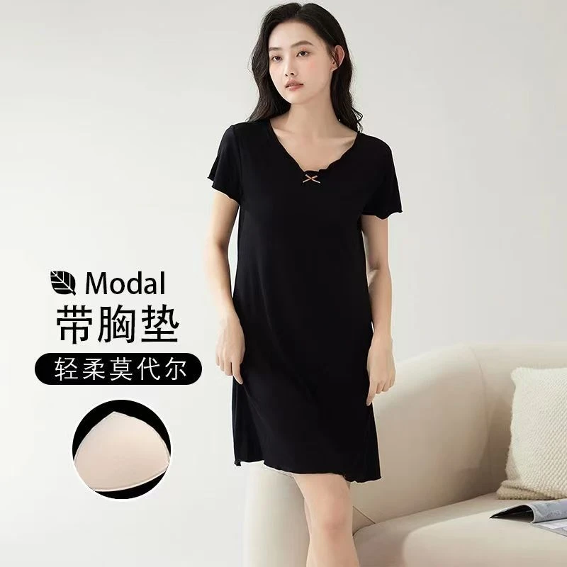 带胸垫莫代尔睡裙女夏季加肥加大码2025年新款宽松中裙家居服睡衣