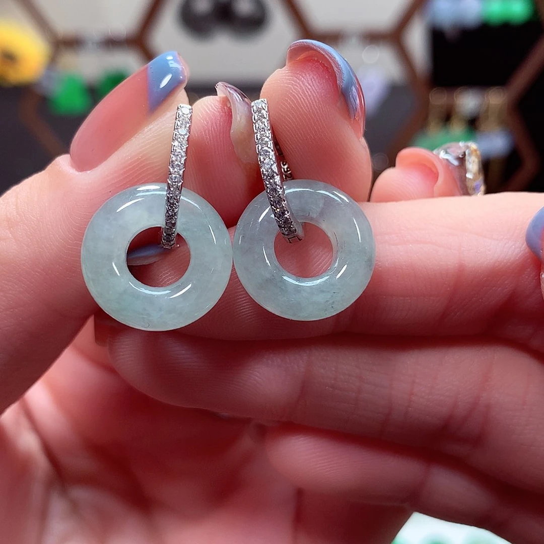 翡翠耳饰银S925镶嵌天然翡翠