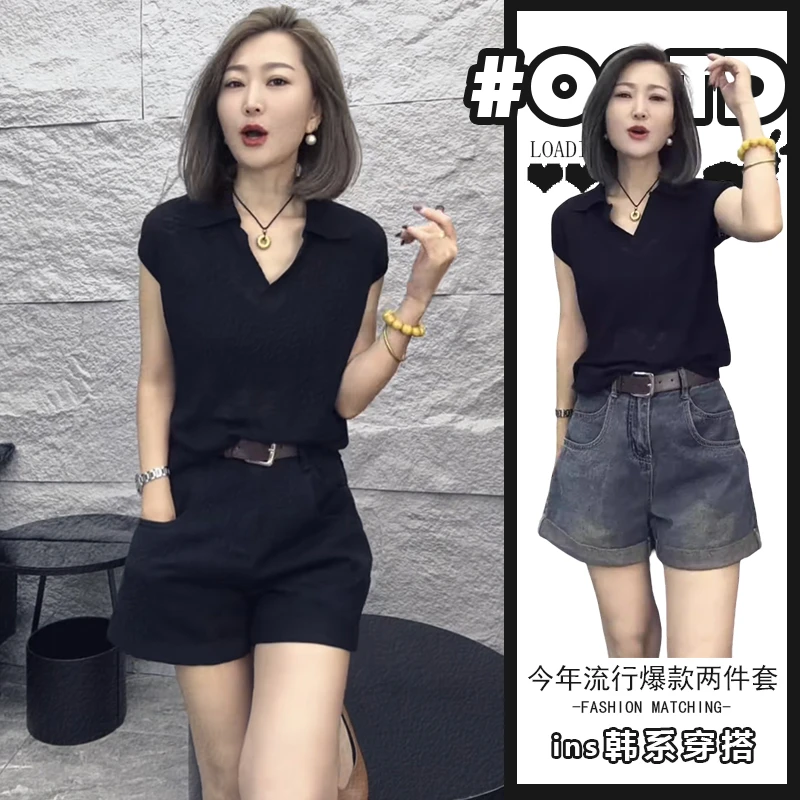 港风复古套装女2025夏季黑色翻领短袖t恤直筒牛仔短裤两件套