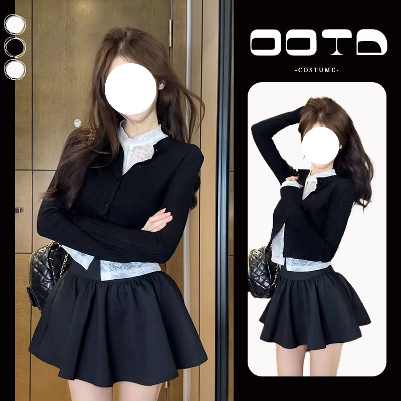 入秋一整套女装2024新款韩版蕾丝打底衫短款针织毛衣短裙三件套装