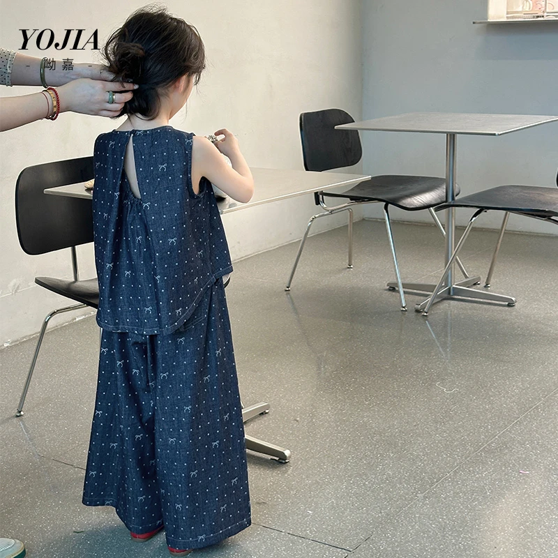 YOJIA女童牛仔套装夏季2025新款甜美上衣阔腿裤儿童两件套夏装