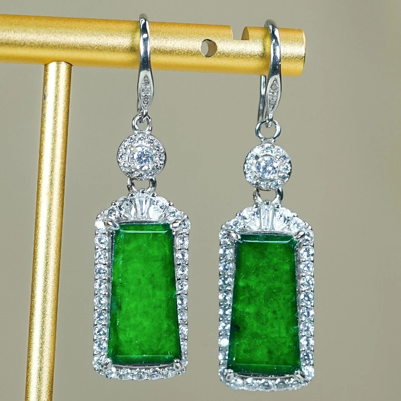时尚轻奢高级感银镶嵌天然满绿翡翠A货龙石无事牌耳环耳坠耳钩