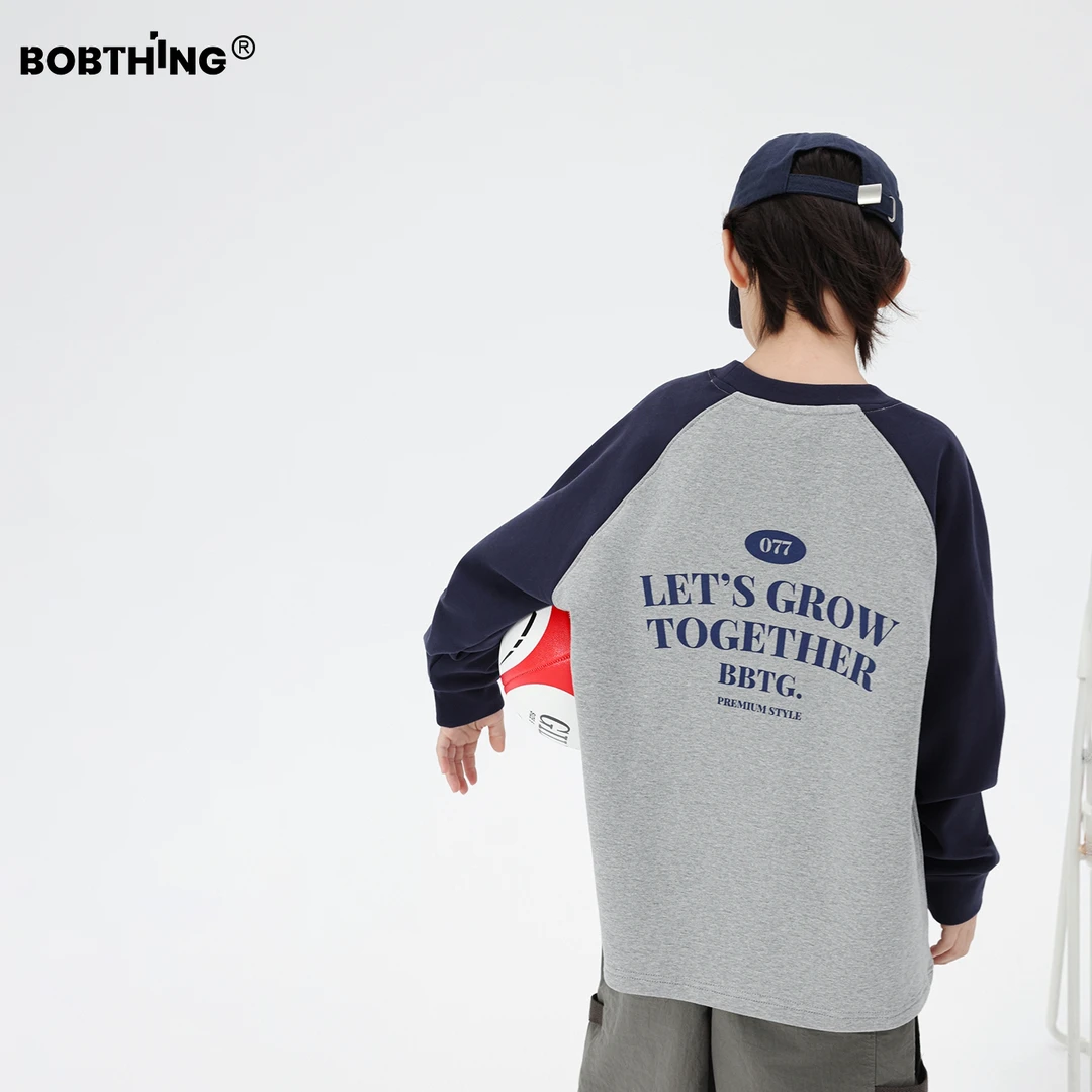 男童冬装美式字母插肩袖抓绒T恤长袖儿童加厚打底衫潮牌童装上衣