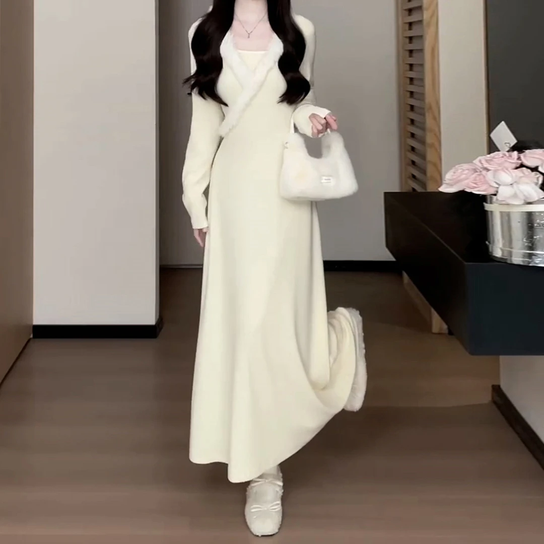 富家千金miu系针织连衣裙秋冬内搭设计感毛边v领长裙巨好看9349