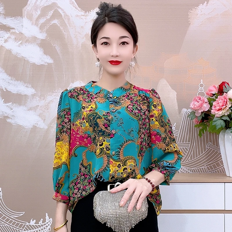 春夏薄款灯笼袖中老年大码宽松洋气衬衫七分袖防晒衫上衣外搭2503