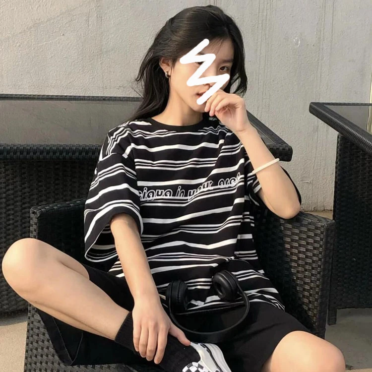 条纹字母印花短袖T恤中长款百搭宽松圆领套头短袖中性风上衣女N