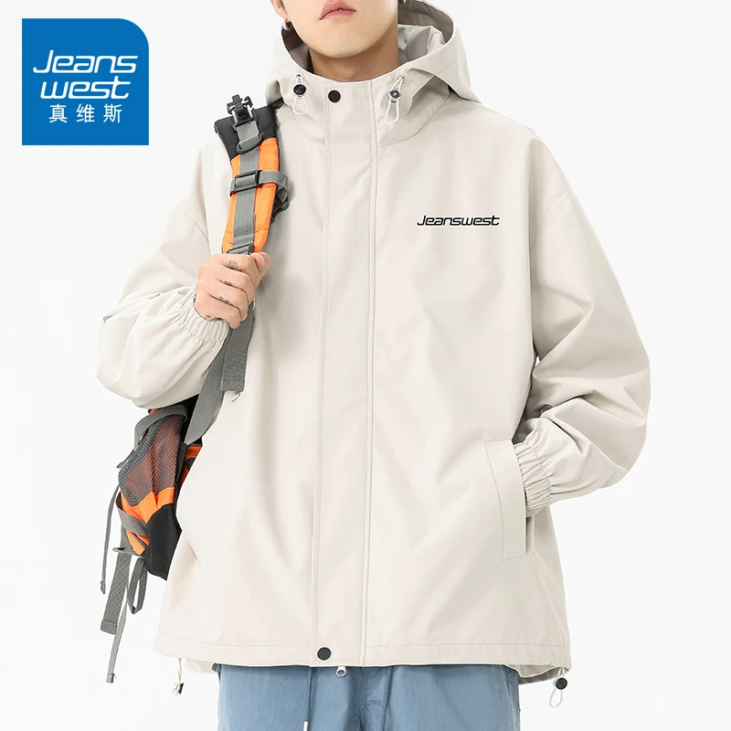 真维斯春秋季防风夹克男士户外连帽百搭防水宽松学生潮流外套