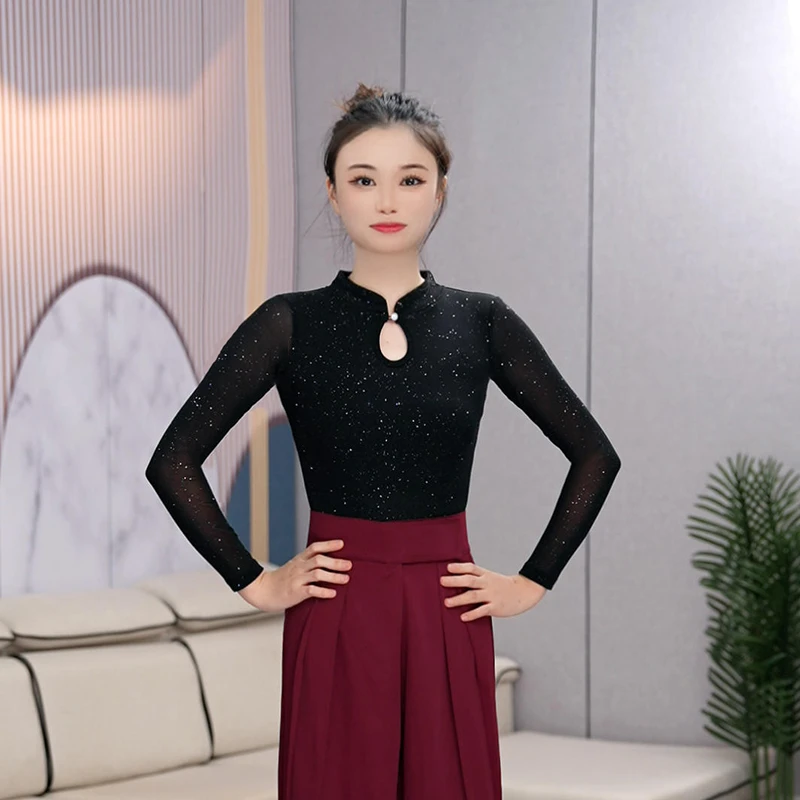 新款摩登舞舞蹈服时尚优雅交际舞服网纱立领优雅古典拉丁舞练功服