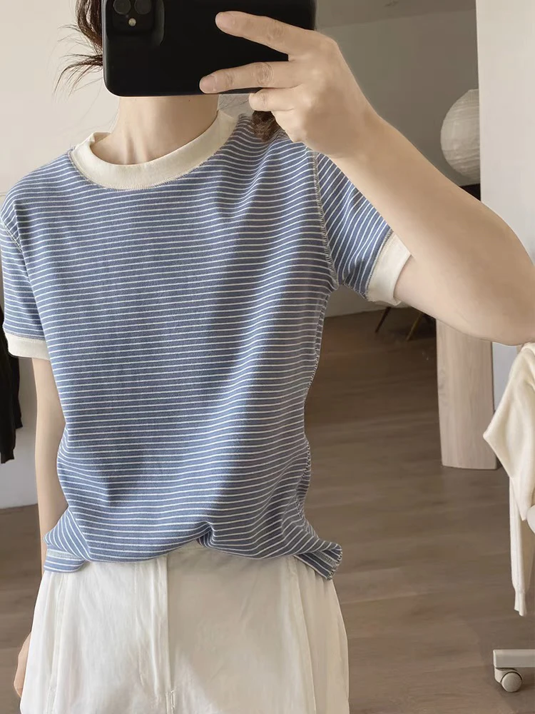 条纹t恤女式夏季新款显瘦韩版简约圆领基础款上衣短袖棉质打底衫