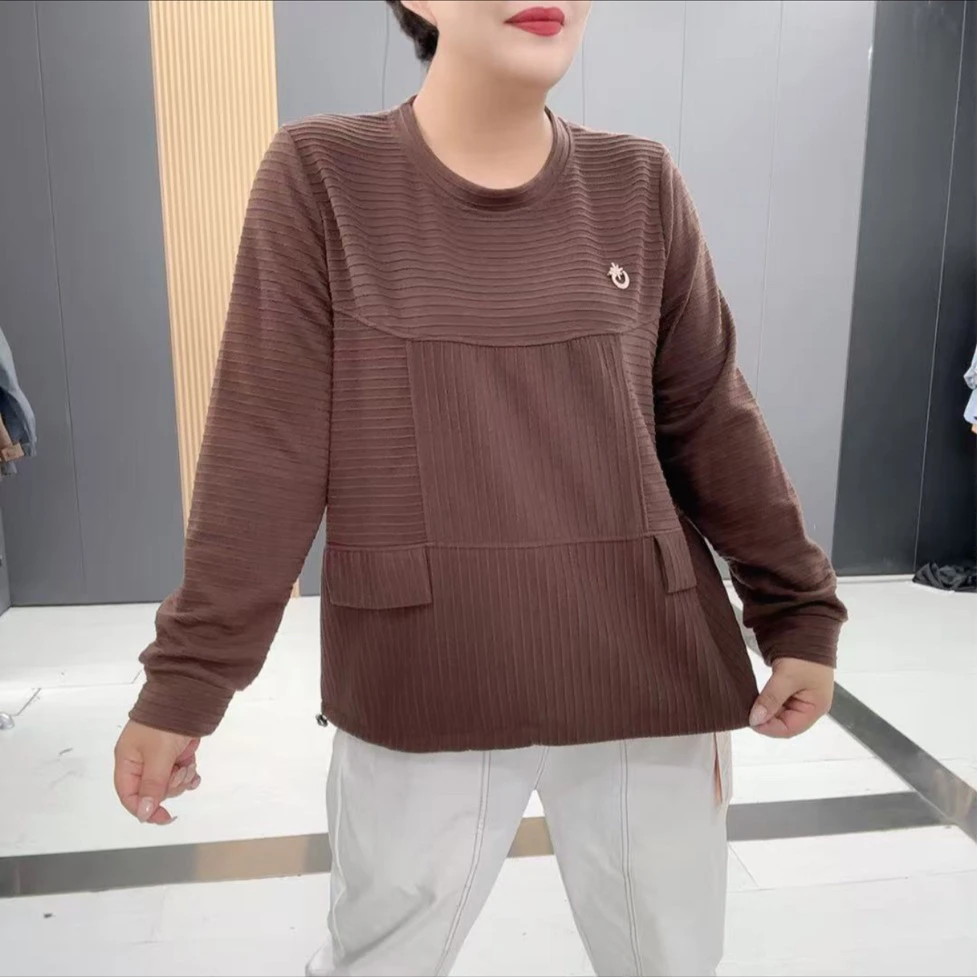 秋季拼接圆领长袖细横条纹宽松打底衫套头韩版针织时尚休闲-3188