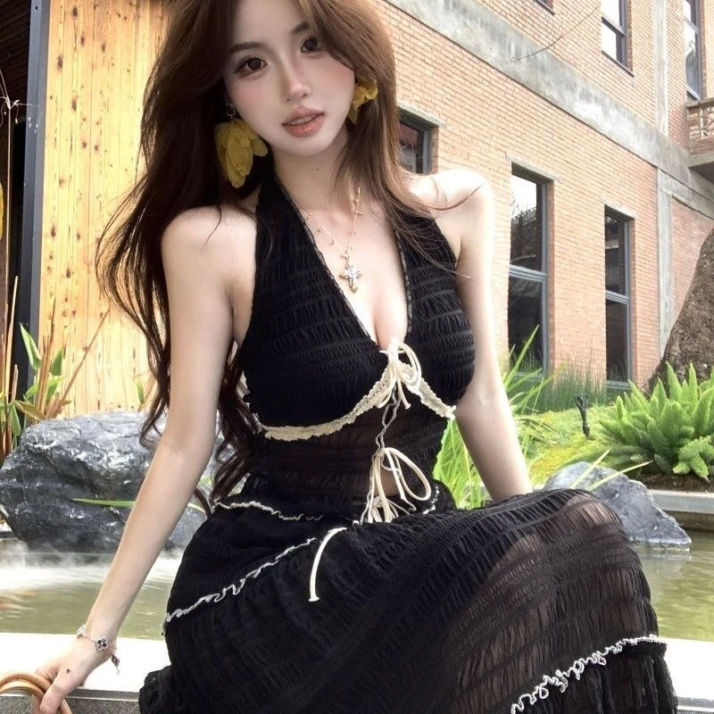 旅游度假穿搭氛围感微透挂脖式分体泳衣度假长裙海边沙滩显瘦黑色