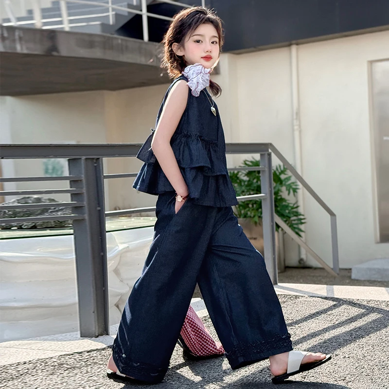 女童夏装套装2025新款夏季薄款洋气网红中大童儿童复古牛仔两件套