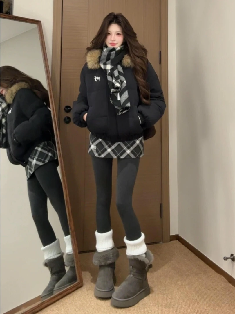 冬季加厚棉衣毛领连帽棉服外套女款2025新款时尚休闲