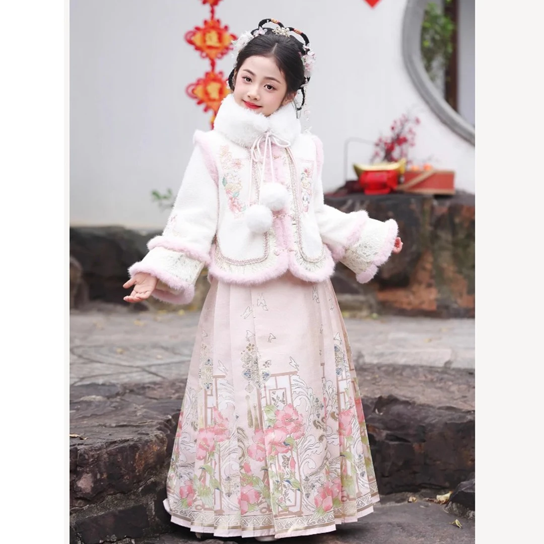女童汉服2025冬季新款加绒厚款国风儿童古装马面裙套装T388