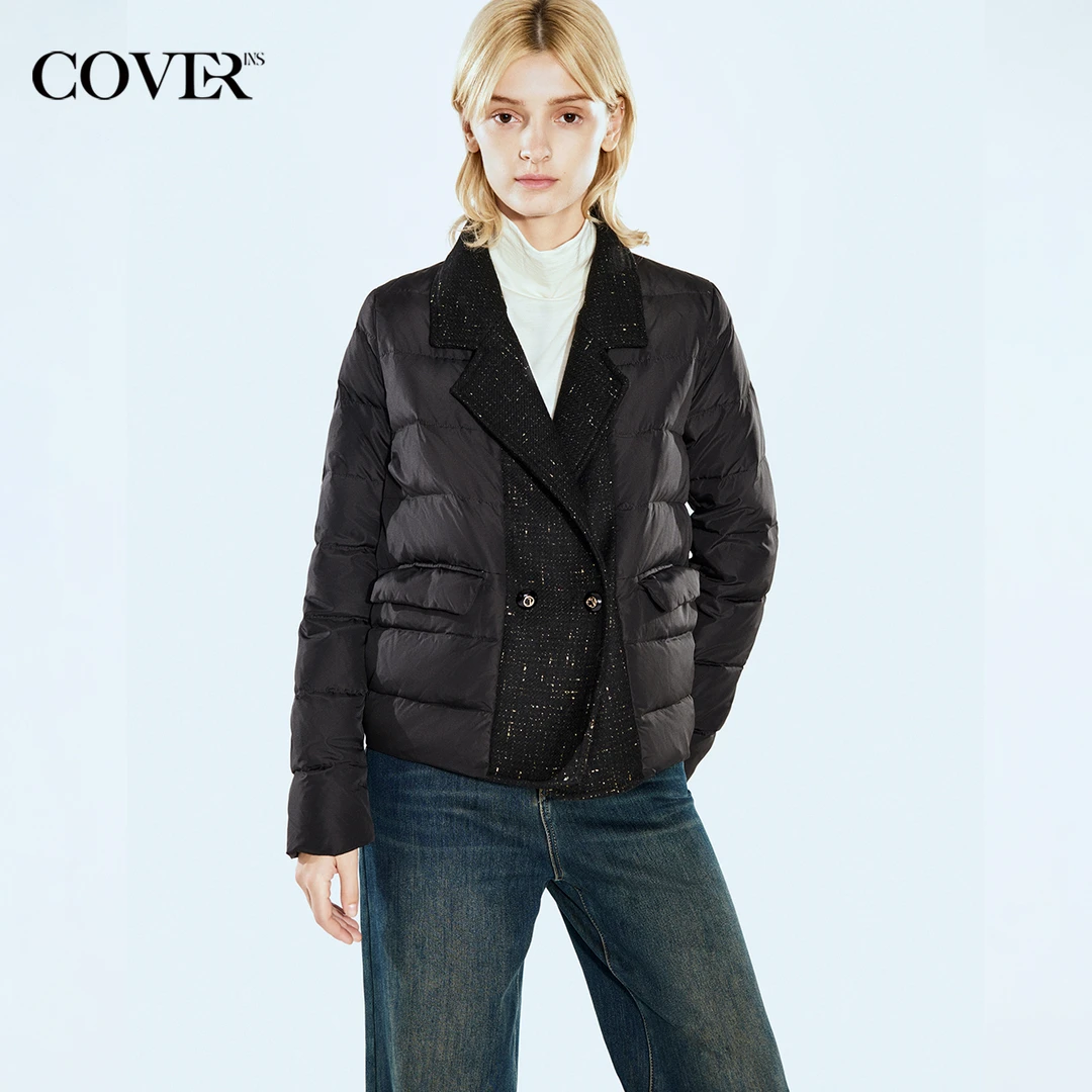 [新派简约]COVERINS冬季翻领拼接金丝小香风羽绒服