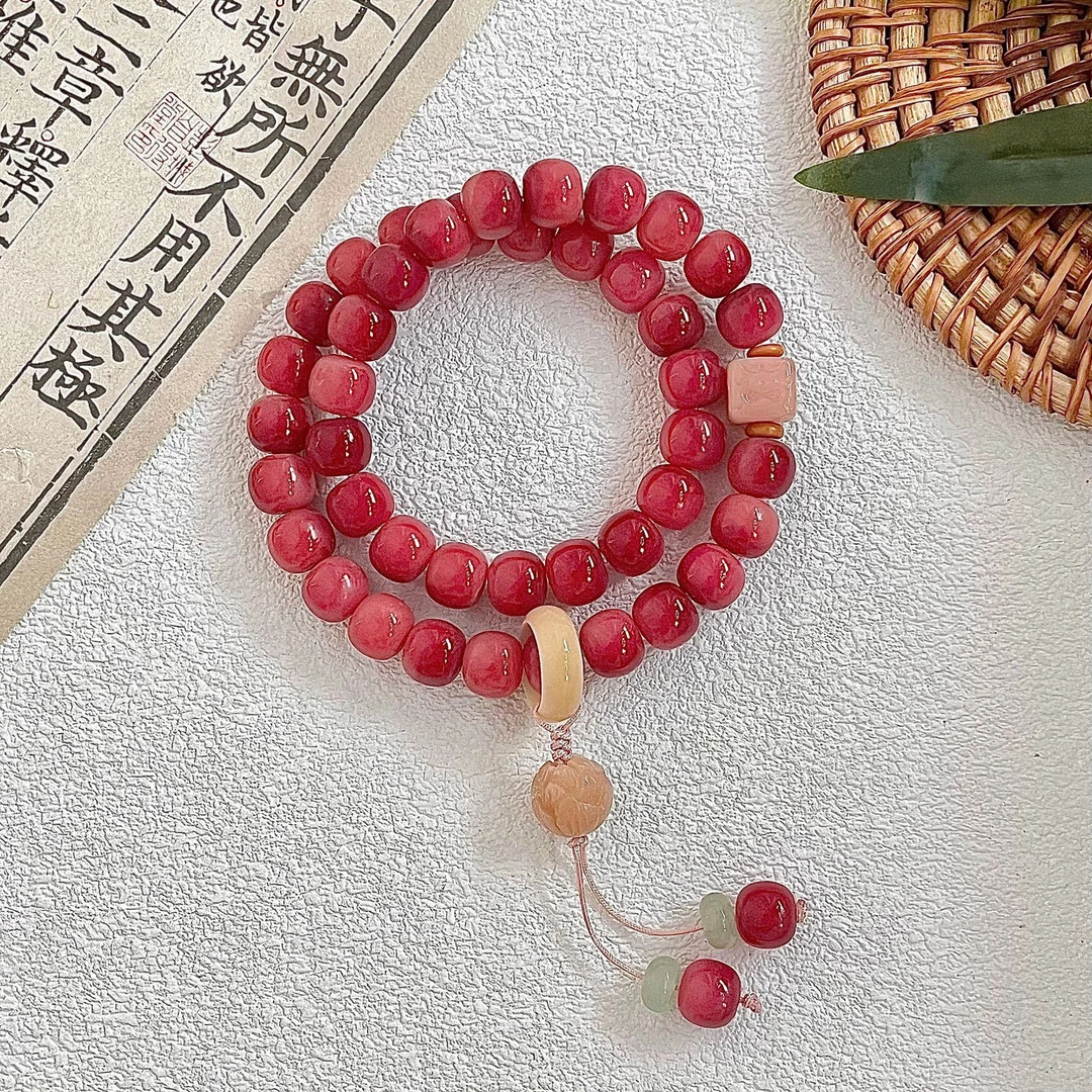 落棠轻吟天然奶绿算盘珠菩提根双圈手持女生盘玩饰品