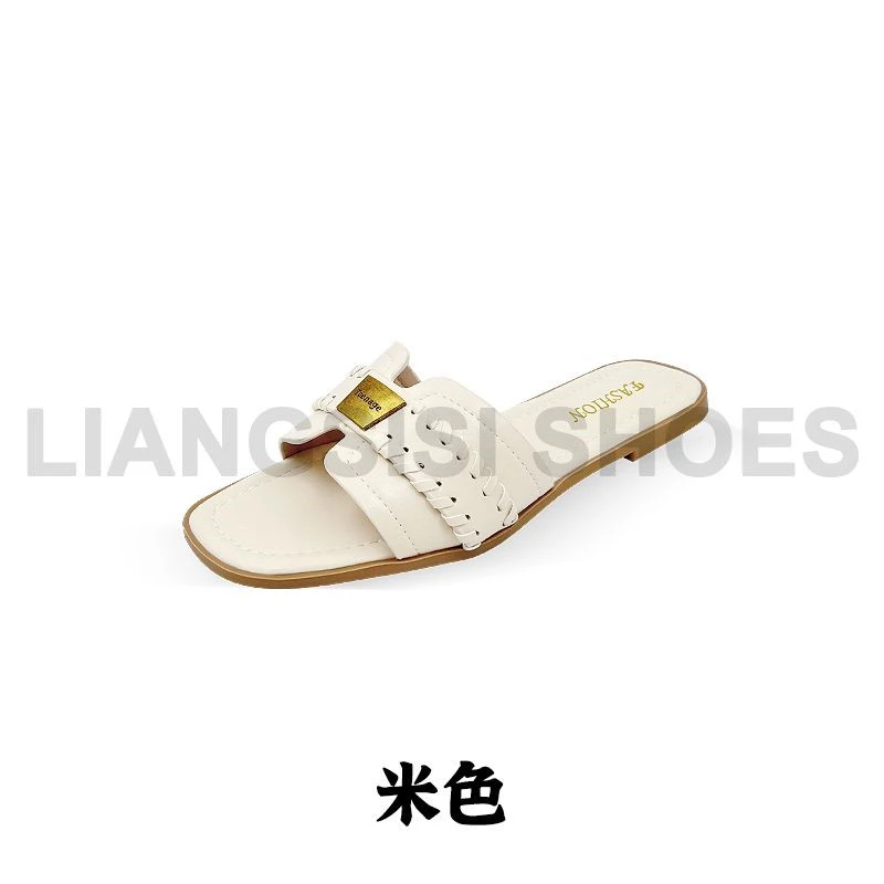 夏季平底薄款欧若假日风一字拖休闲方头复古外穿沙滩拖鞋-9985