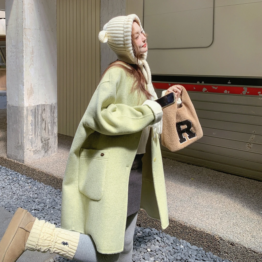 学院风针织帽双面呢羊毛外套女2025秋冬新款韩系爆款流行毛呢大衣