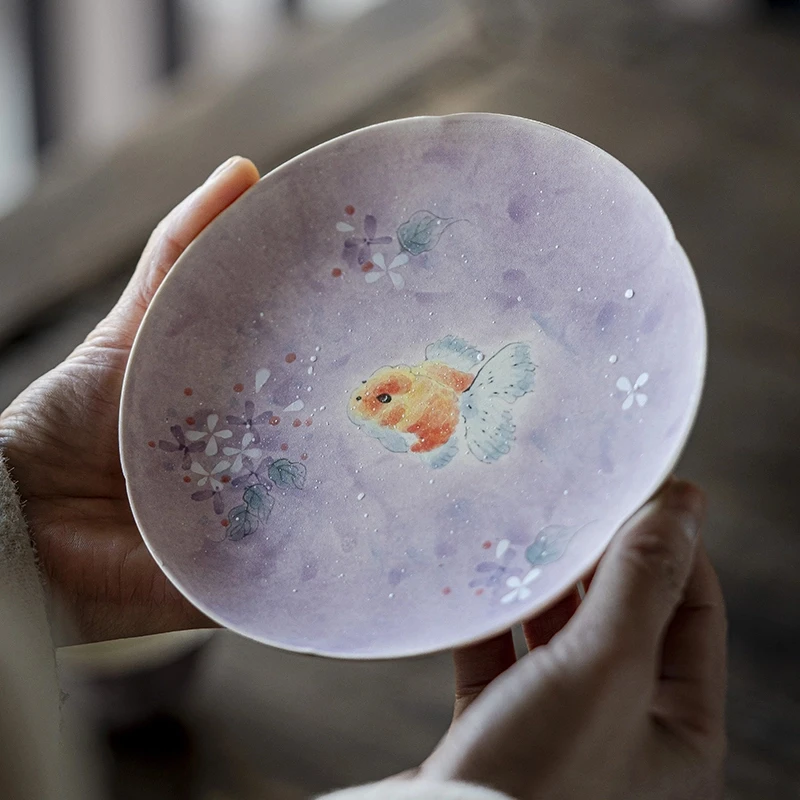 紫鳞思缘花边壶承手绘陶泥粉引金鱼中式茶托盘果盘干泡台