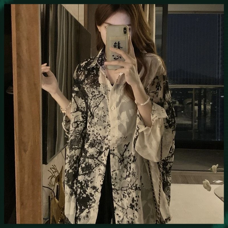 胖mm300斤大码设计感水墨画防晒衬衫女夏季宽松复古雪纺上衣外套