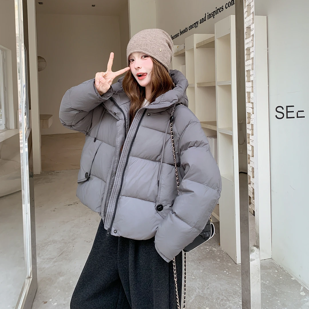 灰色韩系泡芙短款羽绒服女2025冬季新款设计感休闲连帽面包服外套