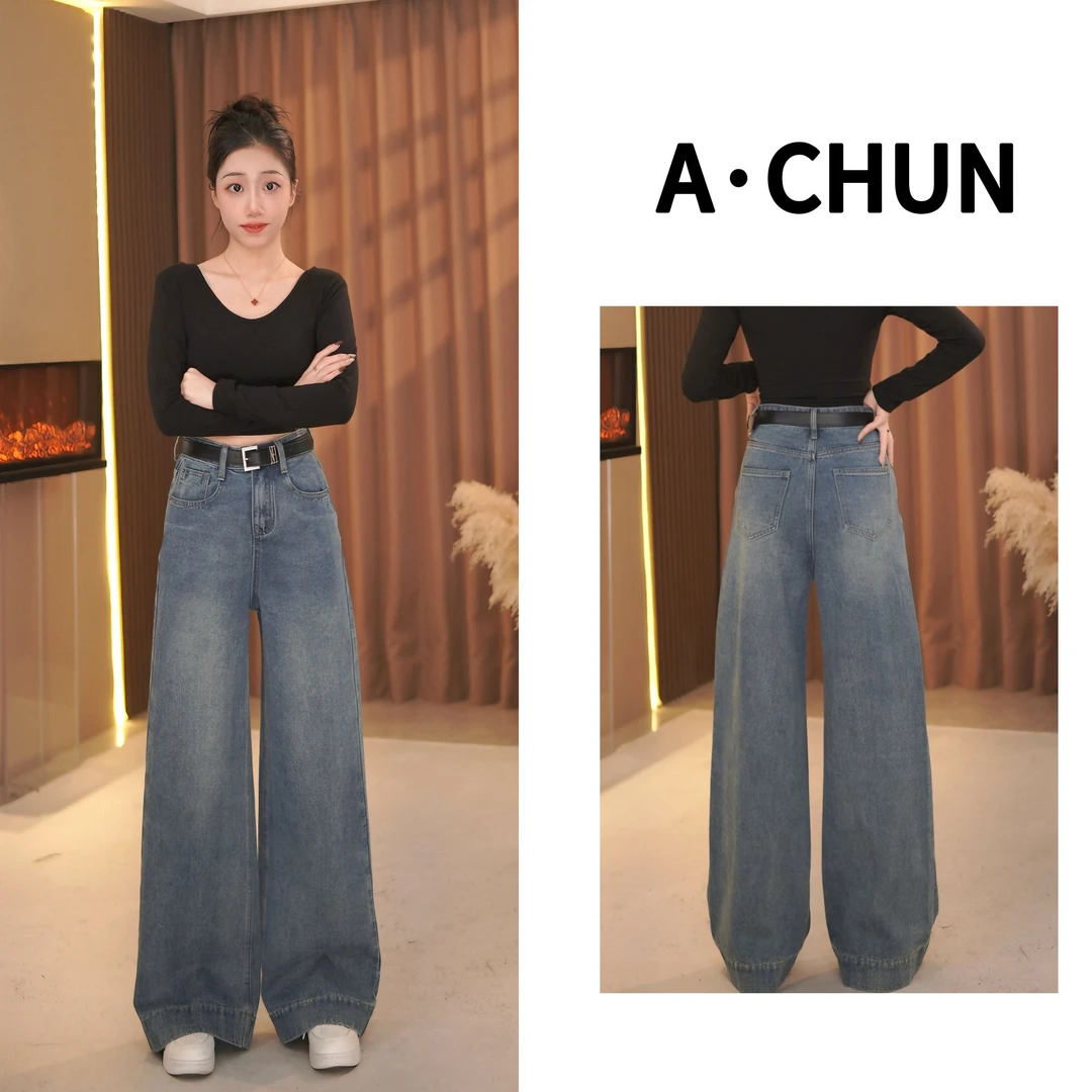 【A·C】“法国蓝”2025夏季新款A字版高腰阔腿牛仔裤百搭显瘦拖地长裤