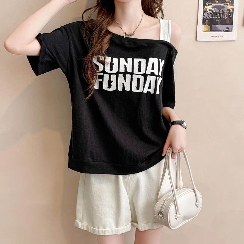 拼接撞色辣妹短袖T恤女夏季2025新款宽松慵懒风纯棉别致撞色上衣