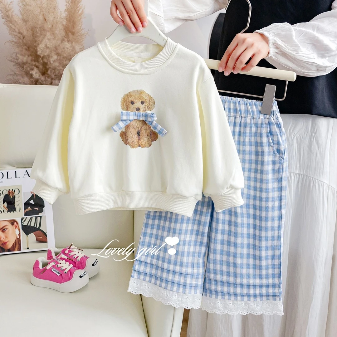 女童秋季套装儿童韩版卡通格子长裤两件套女小童洋气花边休闲套