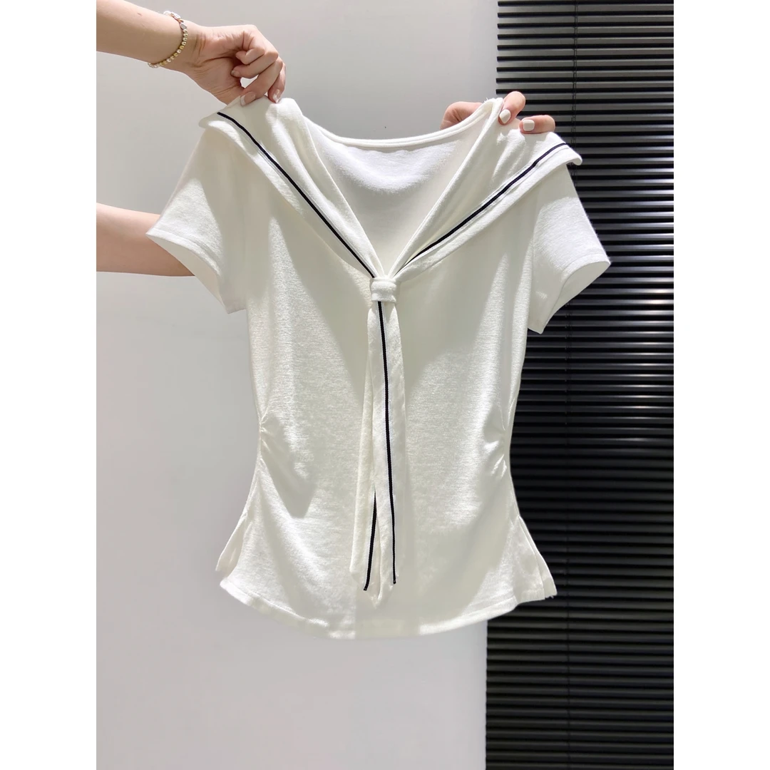 海军领白色正肩短袖T恤女夏季开叉修身掐腰显瘦夏日漂亮小衫上衣