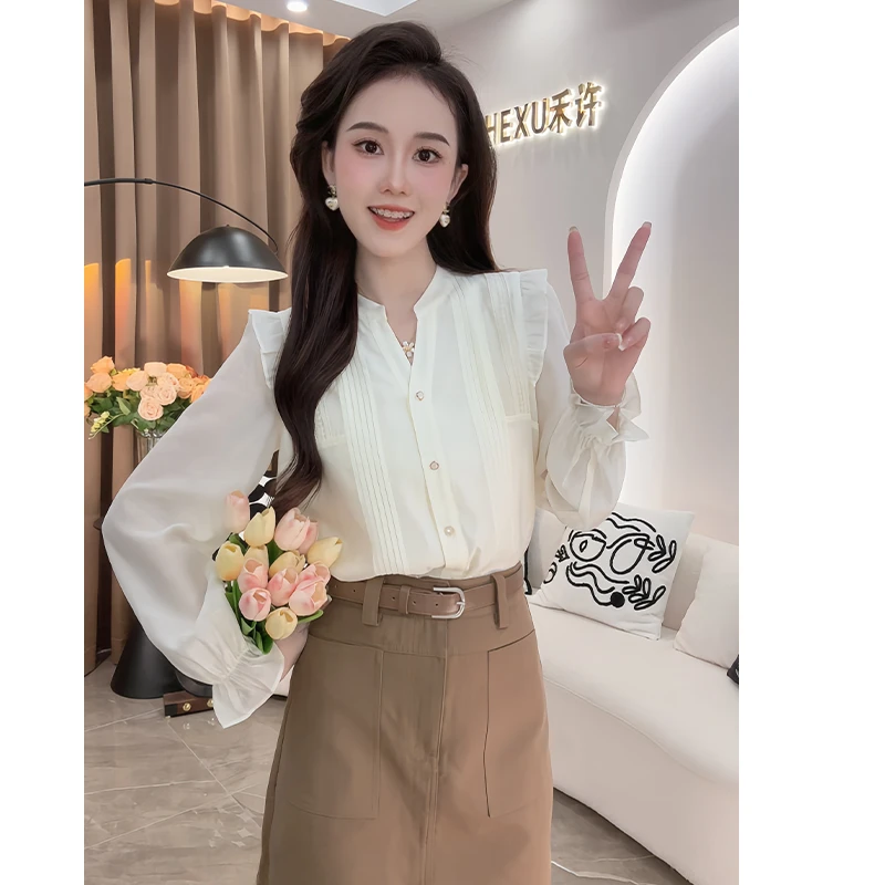 法式复古显瘦喇叭袖衬衫女2024秋季新款设计感时尚百搭上衣