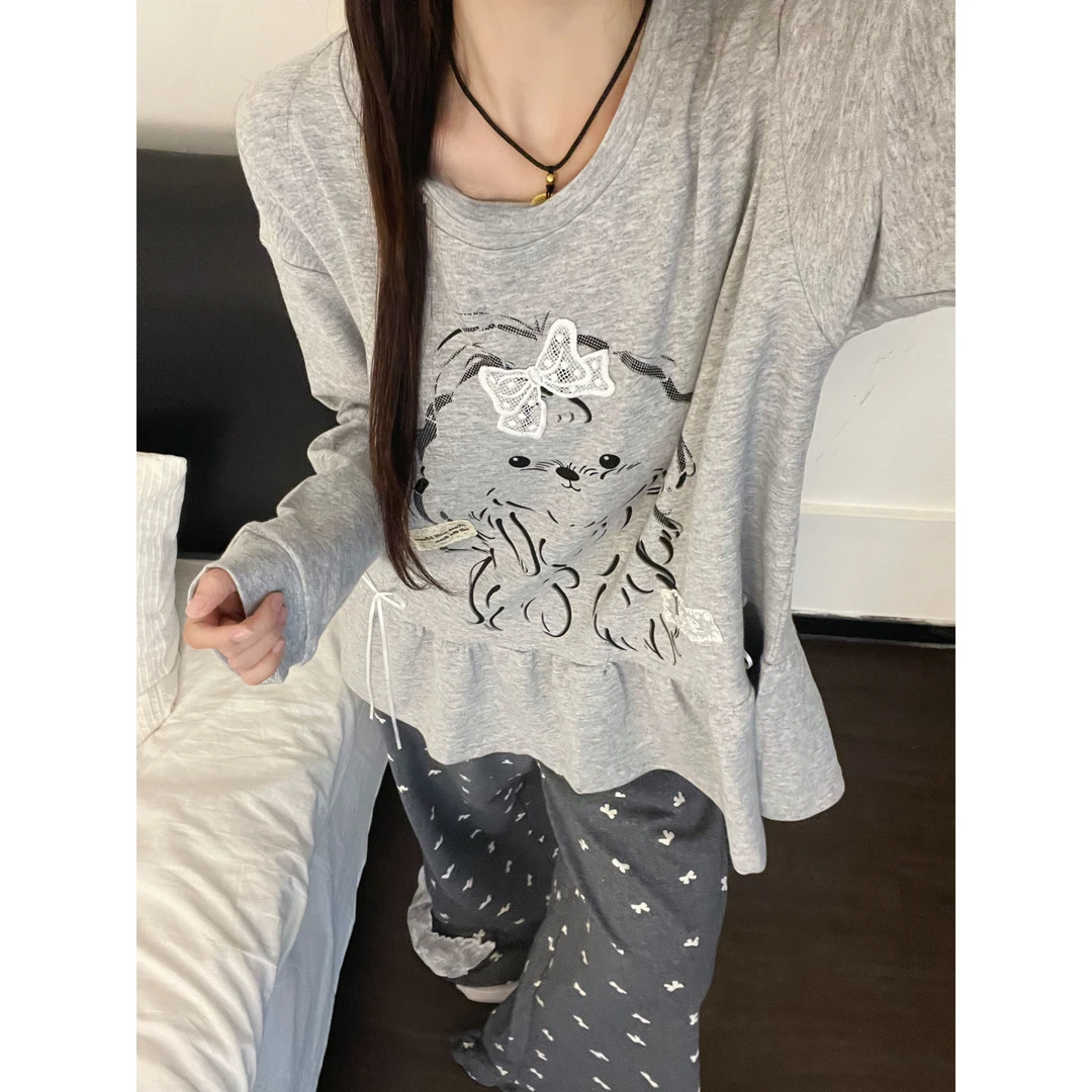 甜美卡通小狗蝴蝶结长袖睡衣女秋季新款波点长裤家居服套装可外穿