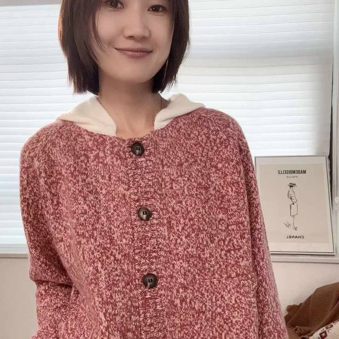 纯山羊绒圆领花纱撞色连帽针织开衫毛衣外套