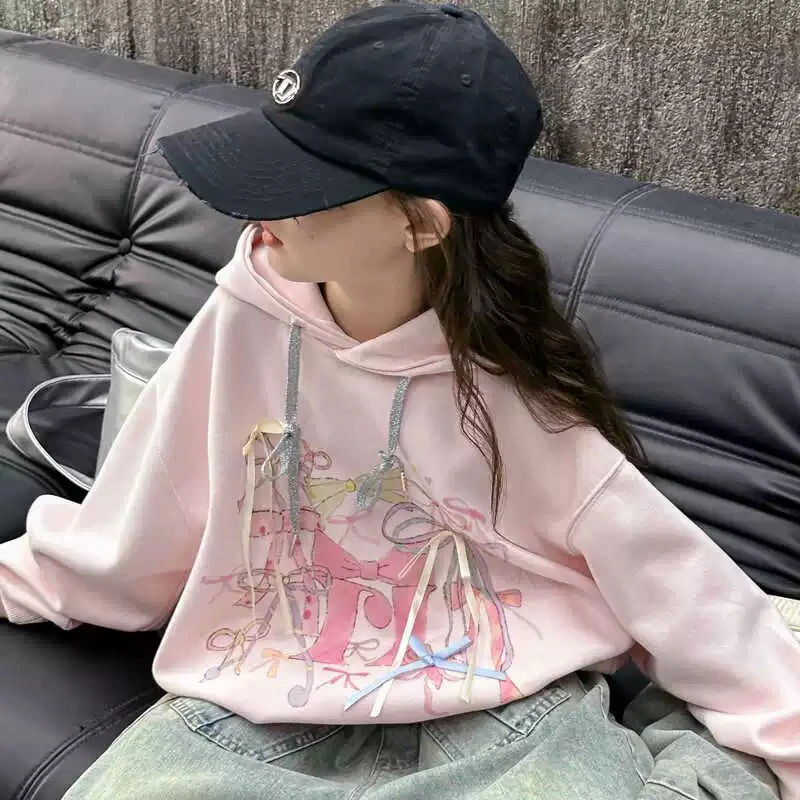 木莎家儿童春秋季女童蝴蝶节连帽印花卫衣 98027儿童宽松甜美上衣