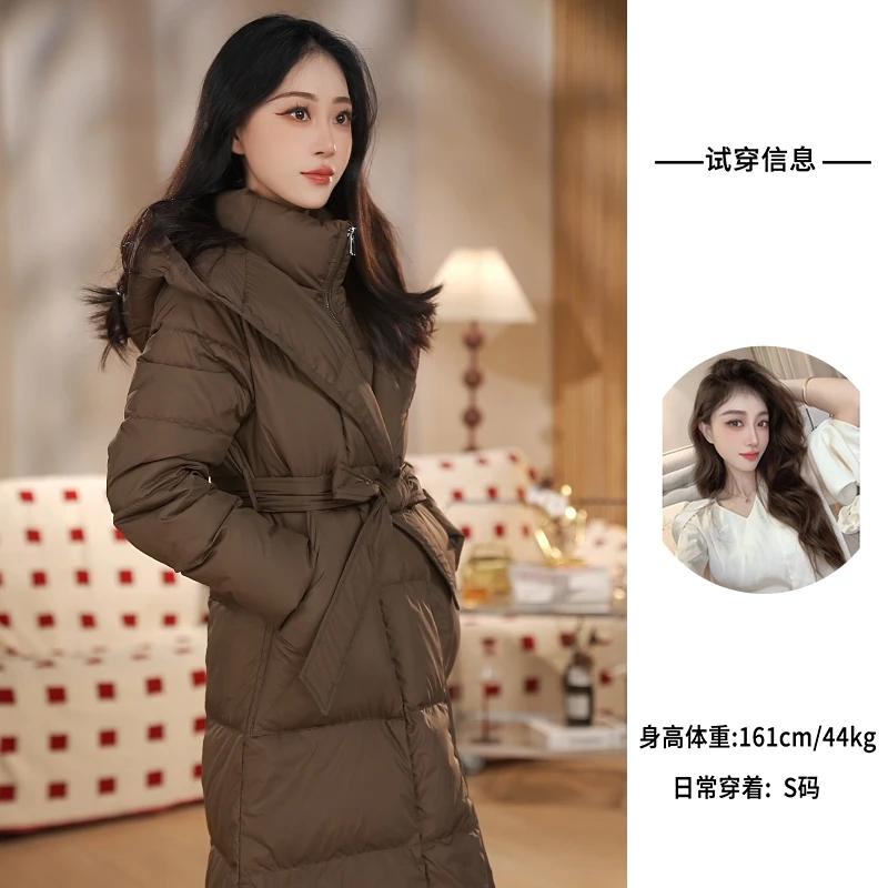 新款鹅绒服女中长款显瘦腰带连帽加厚保暖外套过膝秋冬66#