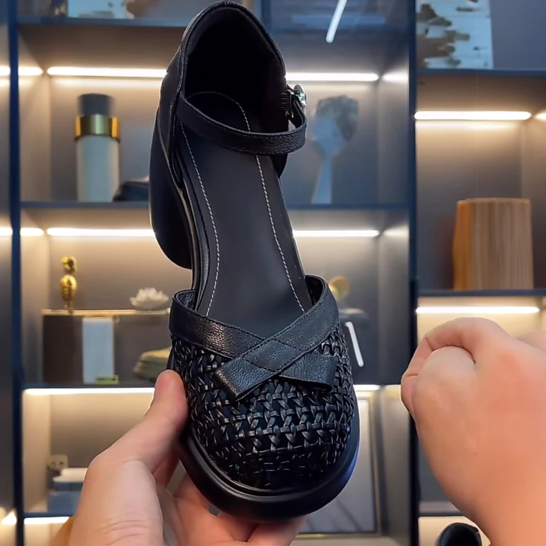 小个子增高厚底包头凉鞋女2025新款夏季粗跟编织真皮镂空罗马鞋女