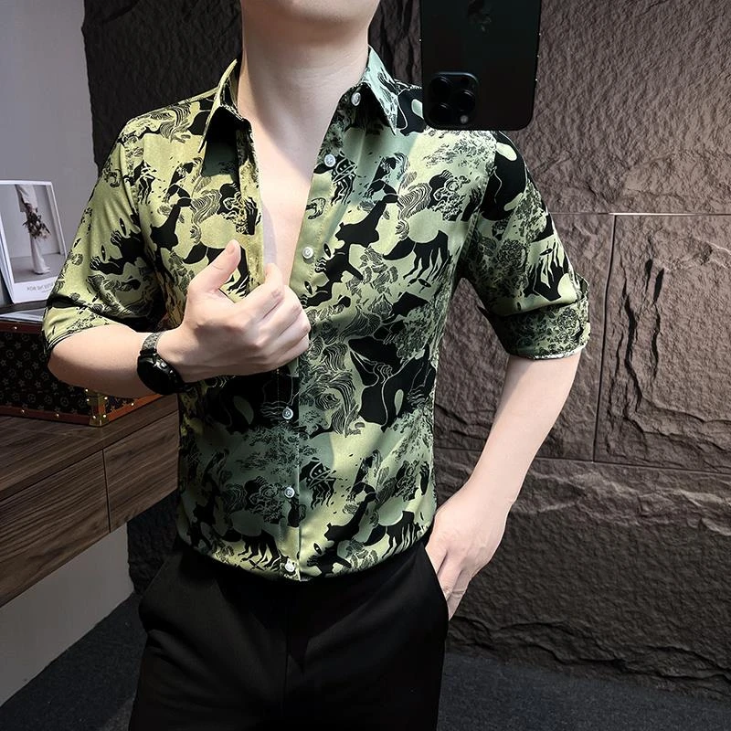 痞帅男士七分袖花衬衫2025新款夏季冰丝印花高级感夏天薄短袖衬衣