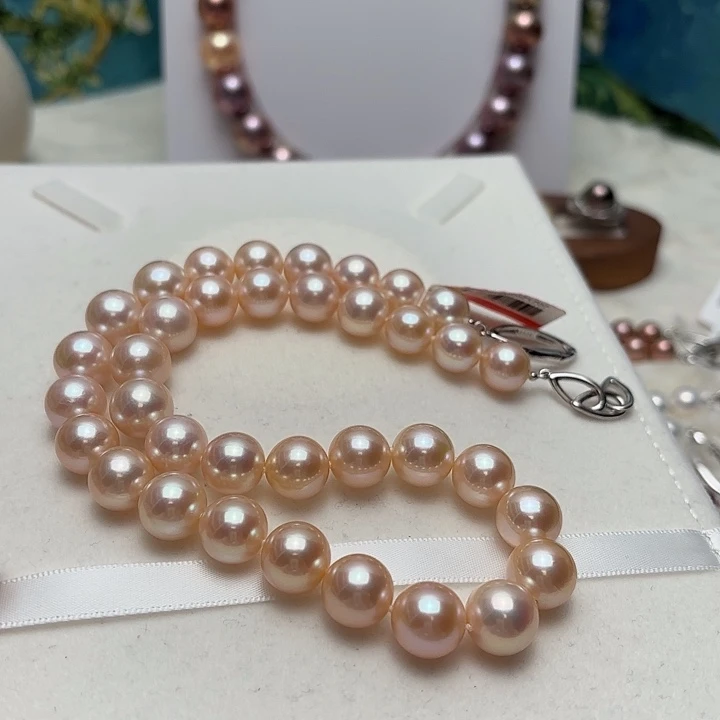 颈饰淡水珍珠银S925镶嵌10-12正圆粉金颗粒珠特选