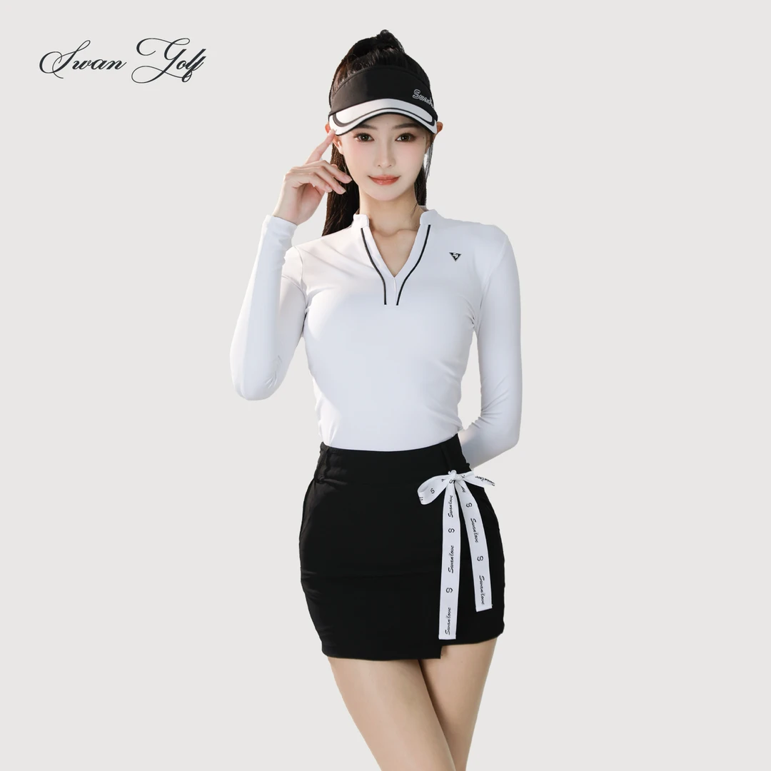 秋季厚款高尔夫长袖女简约v领纯色运动上衣高腰防走光显瘦百褶裙