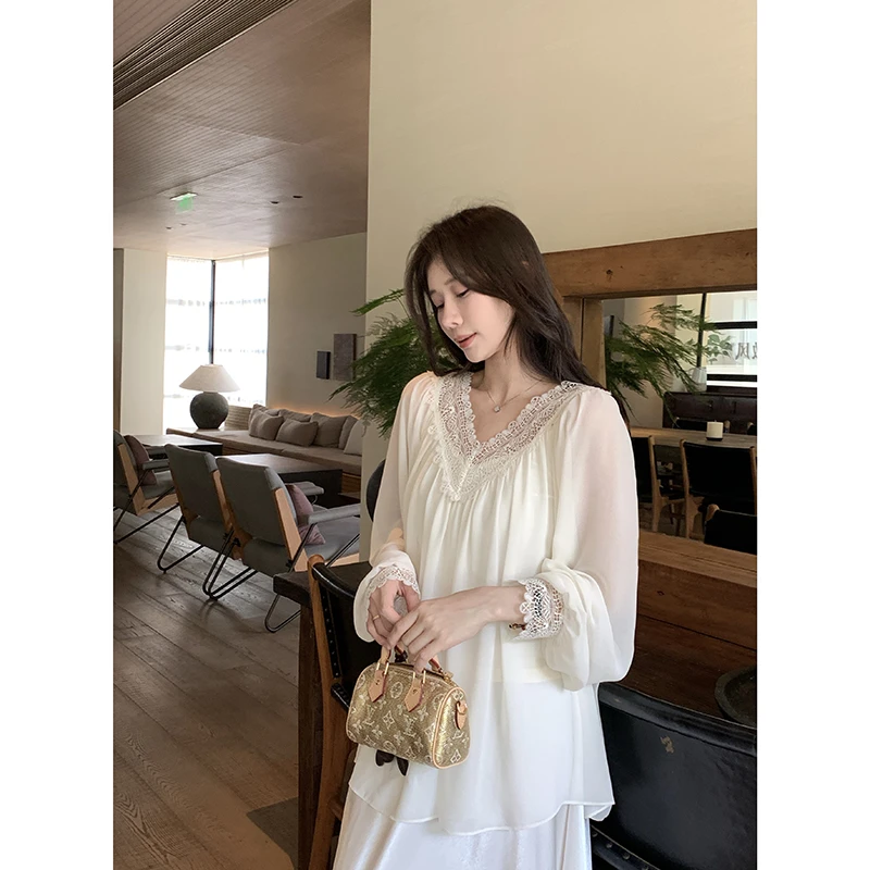 EKOOL衣库 气质两件套女夏季蕾丝花边宽松百搭显瘦v领雪纺衬衫