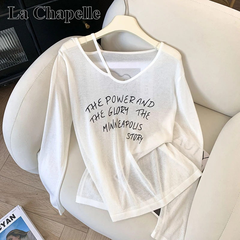 拉夏贝尔韩系ins纯欲慵懒风上衣t恤女秋季薄款设计感休闲长袖罩衫