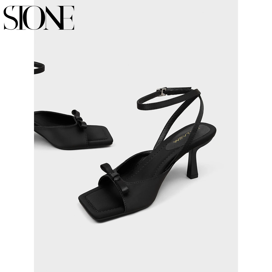 石头家2025新款蝴蝶结黑色一字带凉鞋女配裙子法式绝美细跟高跟鞋