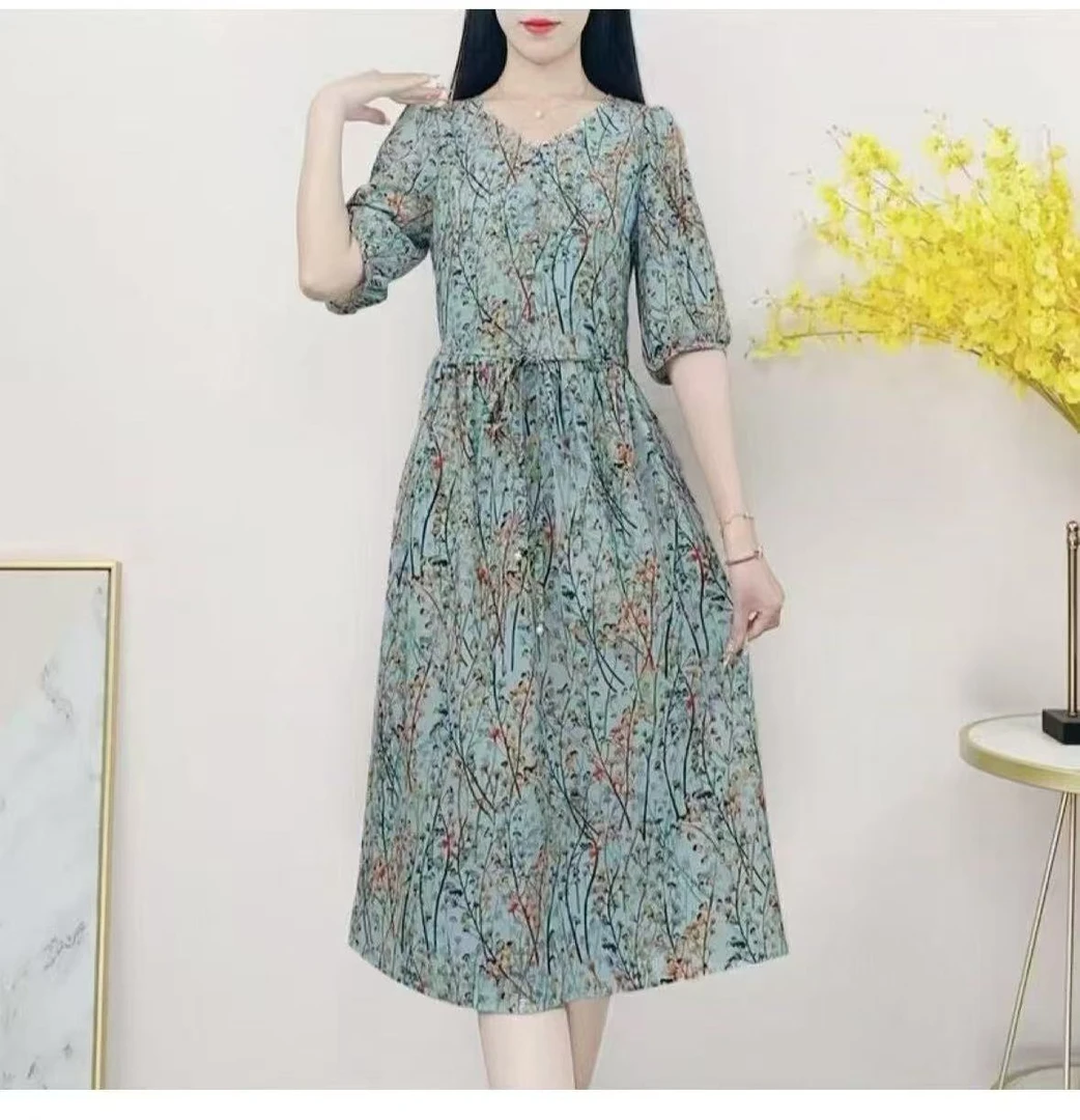 T1506印花宽松遮肚夏季V领夏季 收腰连衣裙气质碎花23-1030
