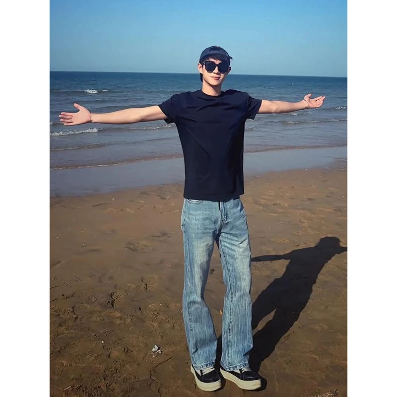 藏青色日系t恤男款夏季高级感cleanfit短袖美式复古内搭正肩半袖