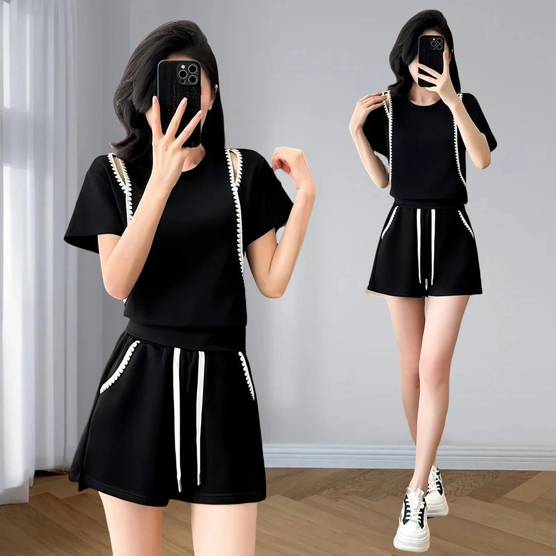 洋气显瘦小个子2025夏季花边领露肩套装女短袖短裤两件套女装新款