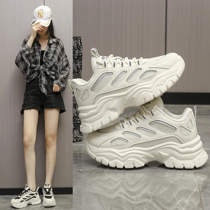 厚底增高网面透气浅口系带老爹鞋女2025年新款韩版女鞋
