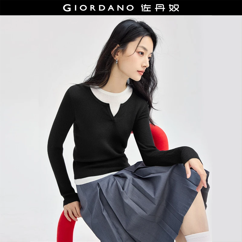 佐丹奴撞色假两件针织衫女装百搭显瘦圆领修身长袖针织衫18354920