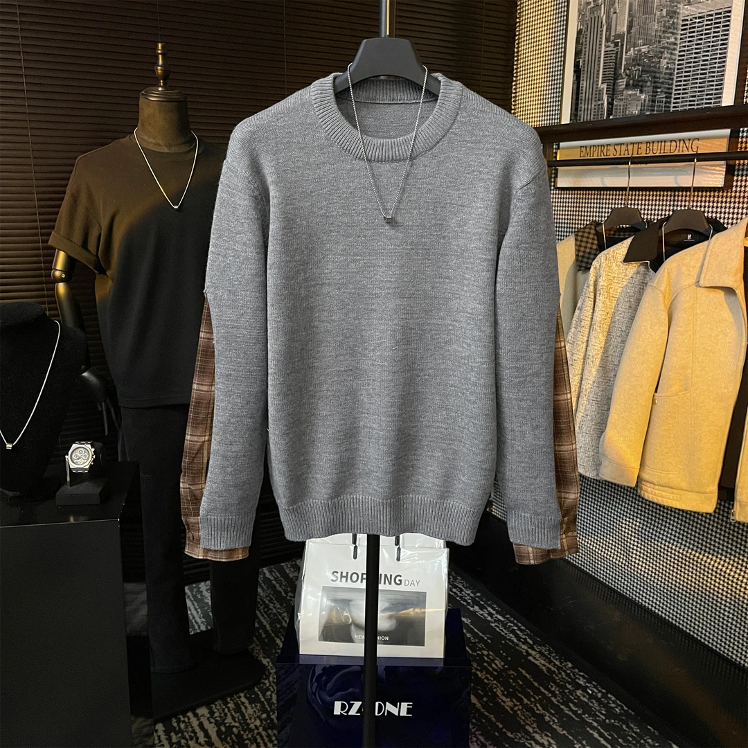 男士冬季高定拼接撞色长袖设计百搭保暖圆领单穿针织毛衣