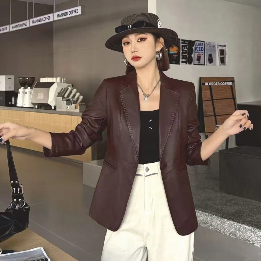 韩版显瘦皮衣时尚法式纽扣修身女士常规39